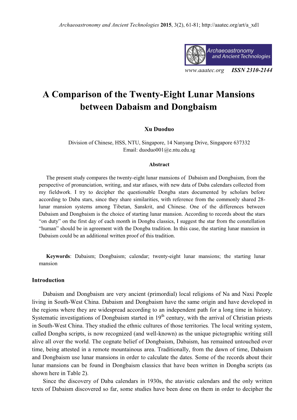 A Comparison of the Twenty-Eight Lunar Mansions Between Dabaism and Dongbaism