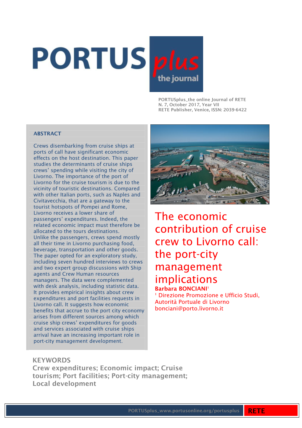 The Economic Contribution of Cruise Crew to Livorno Call: the Port-City Management Implications Barbara BONCIANI