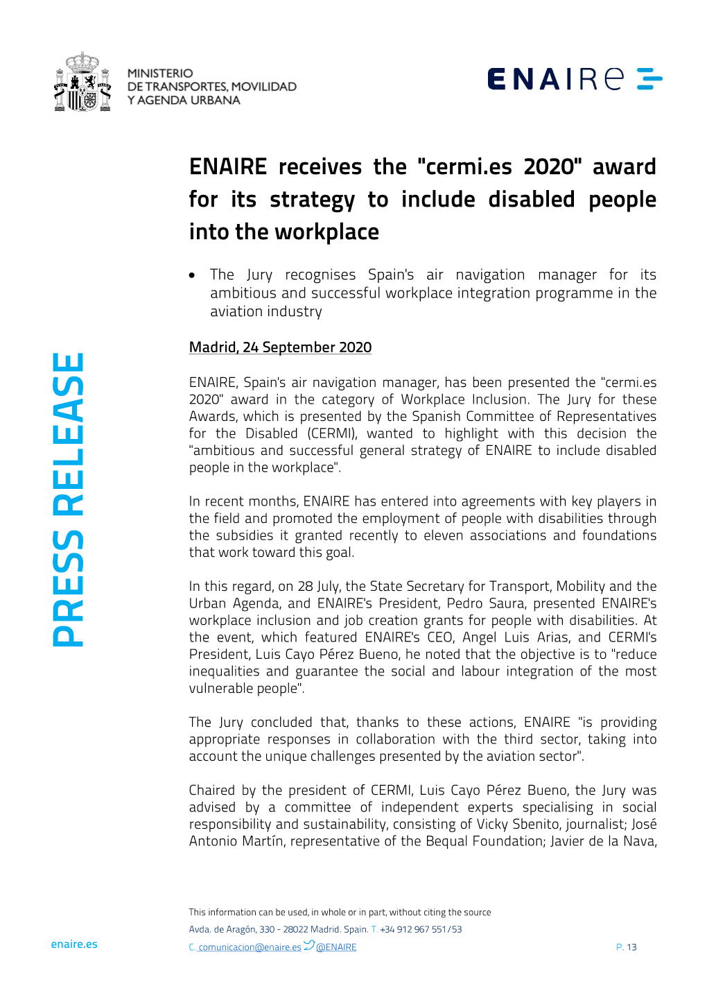 ENAIRE Receives the "Cermi.Es 2020" Award for Its Strategy to Include Disabled People Into the Workplace