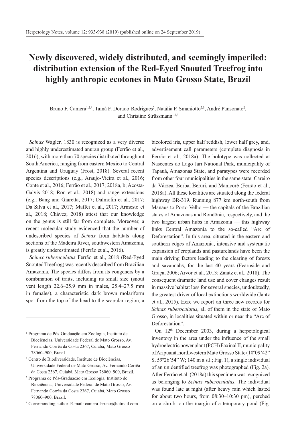 Distribution Extension of the Red-Eyed Snouted Treefrog Into Highly Anthropic Ecotones in Mato Grosso State, Brazil