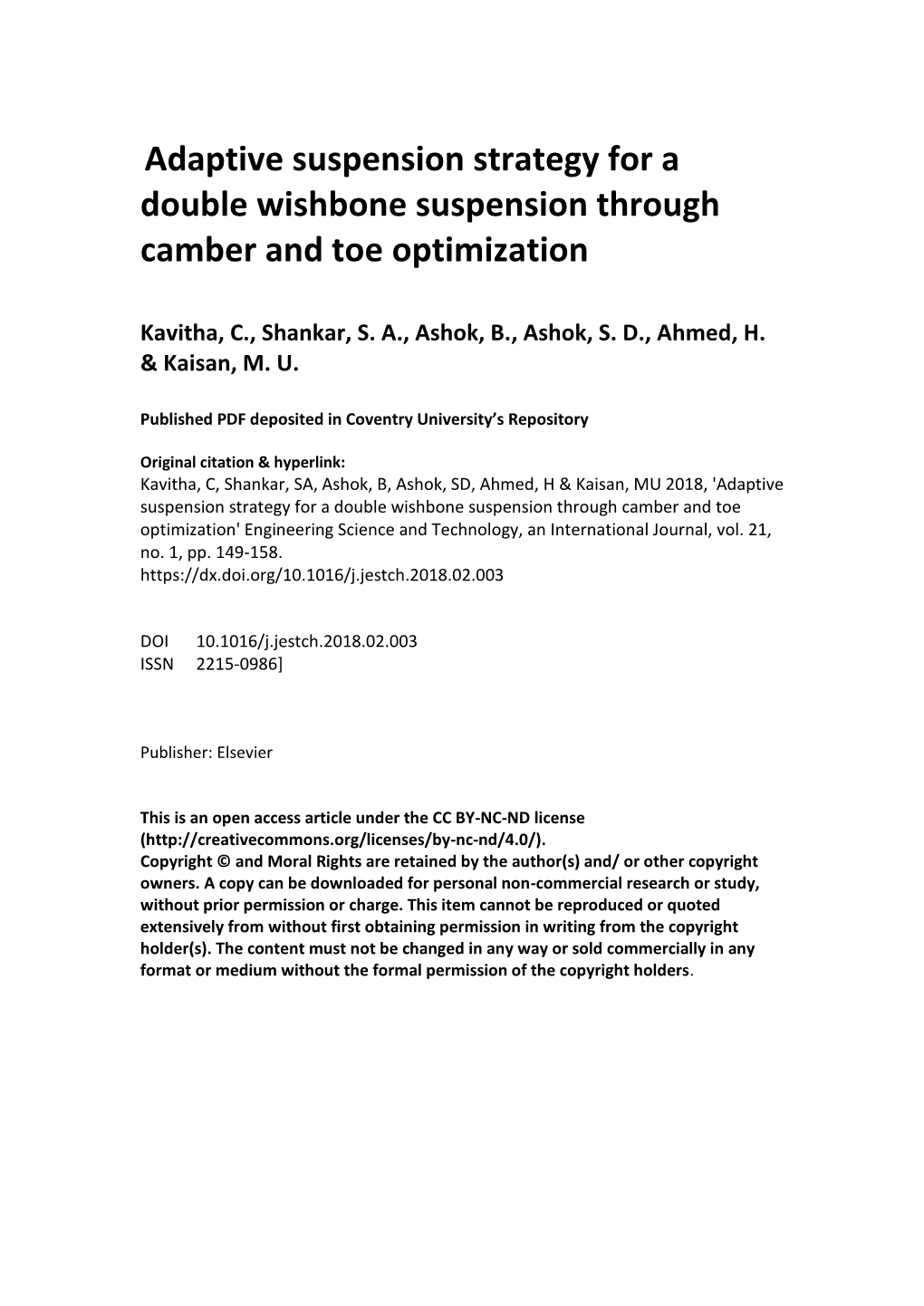 Adaptive Suspension Strategy for a Double Wishbone Suspension Through Camber and Toe Optimization