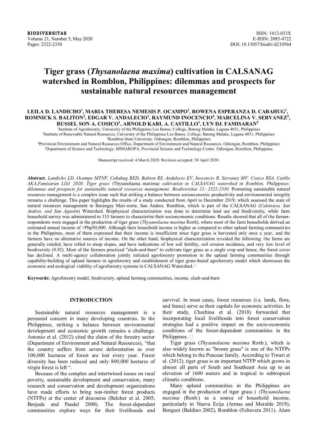 Tiger Grass (Thysanolaena Maxima) Cultivation in CALSANAG Watershed in Romblon, Philippines: Dilemmas and Prospects for Sustainable Natural Resources Management