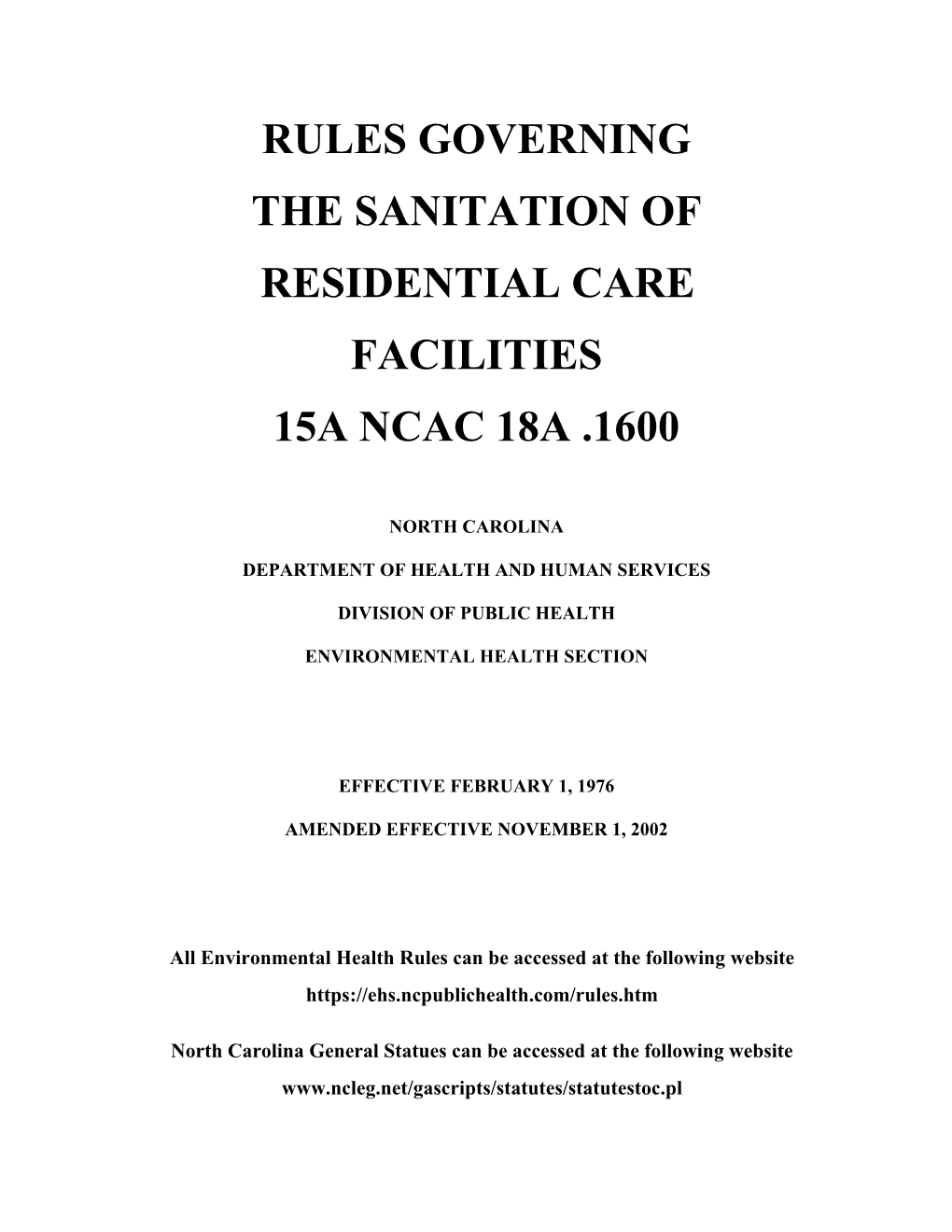 Rules Governing Sanitation of Residential Care Facilities