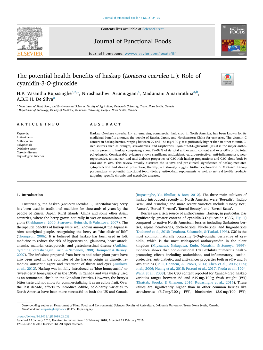 The Potential Health Benefits of Haskap (Lonicera Caerulea L.) Role of Cyanidin-3-O-Glucoside