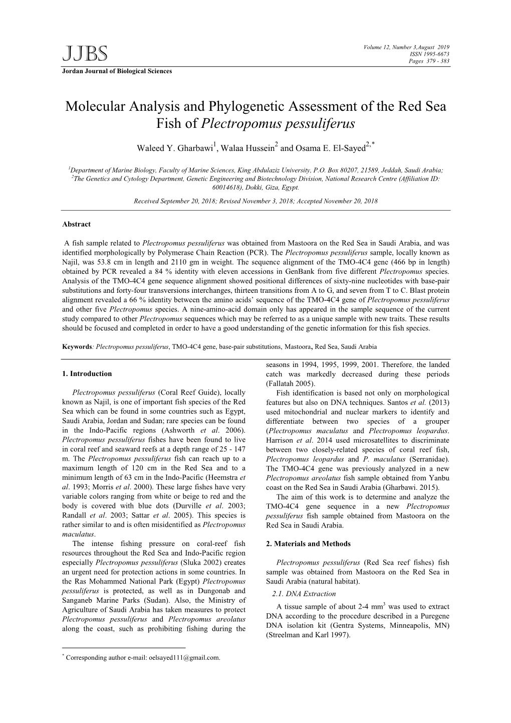 Molecular Analysis and Phylogenetic Assessment of the Red Sea Fish of Plectropomus Pessuliferus