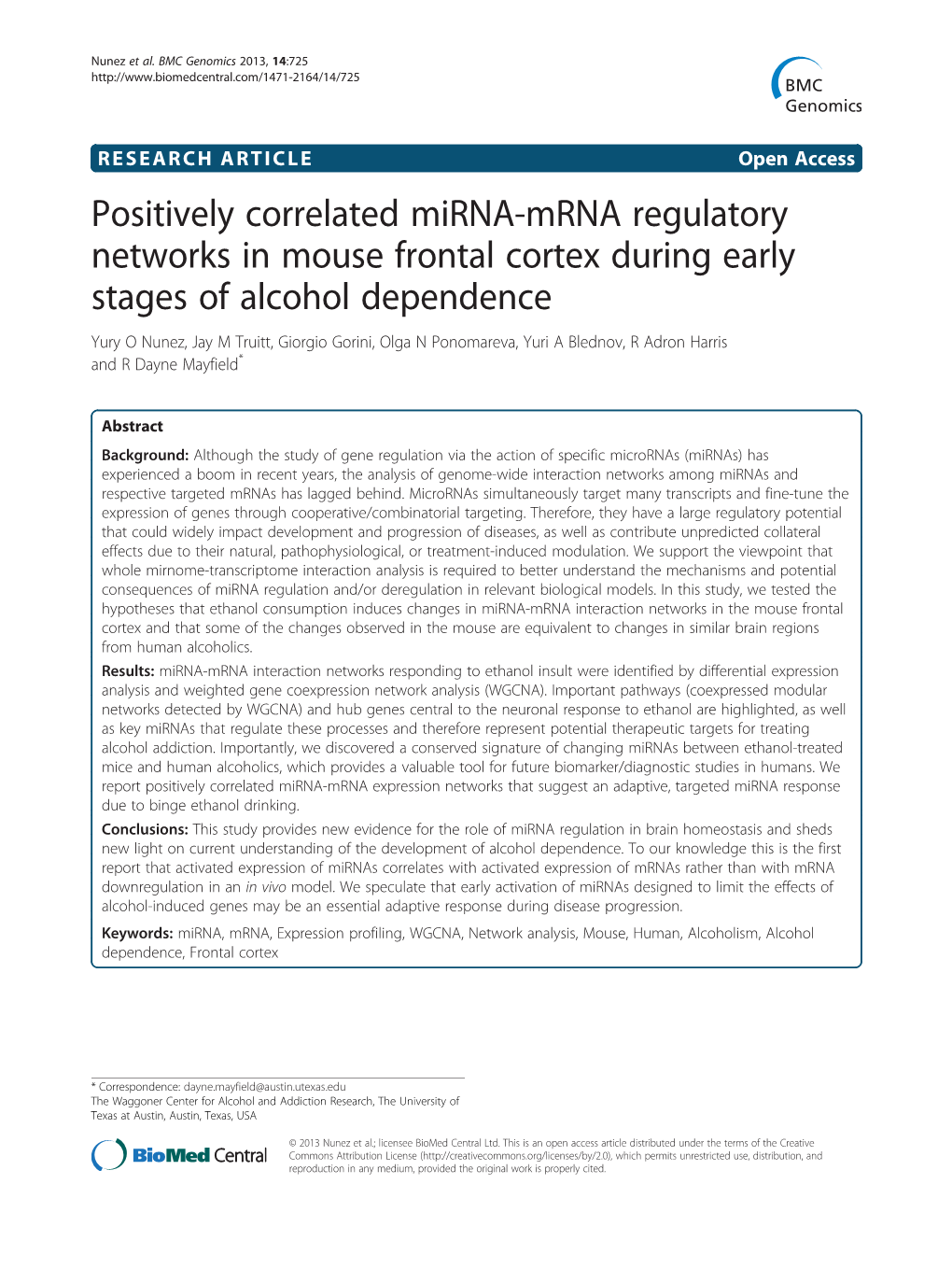 Positively Correlated Mirna-Mrna Regulatory Networks in Mouse Frontal Cortex During Early Stages of Alcohol Dependence