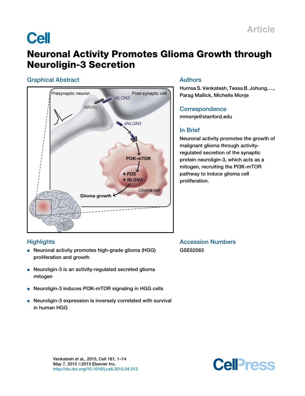 Neuronal Activity Promotes Glioma Growth Through Neuroligin-3 Secretion