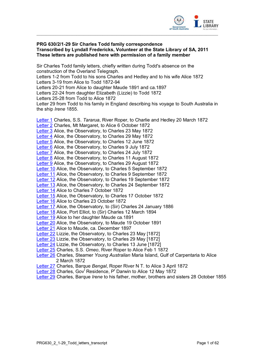 PRG 630/2/1-29 Sir Charles Todd Family Corresponde