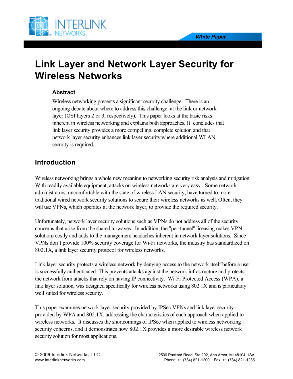 Link Layer and Network Layer Security for Wireless Networks