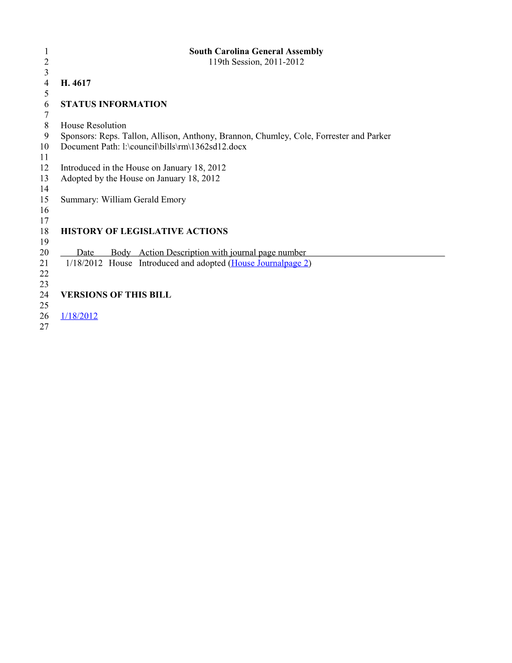 2011-2012 Bill 4617: William Gerald Emory - South Carolina Legislature Online