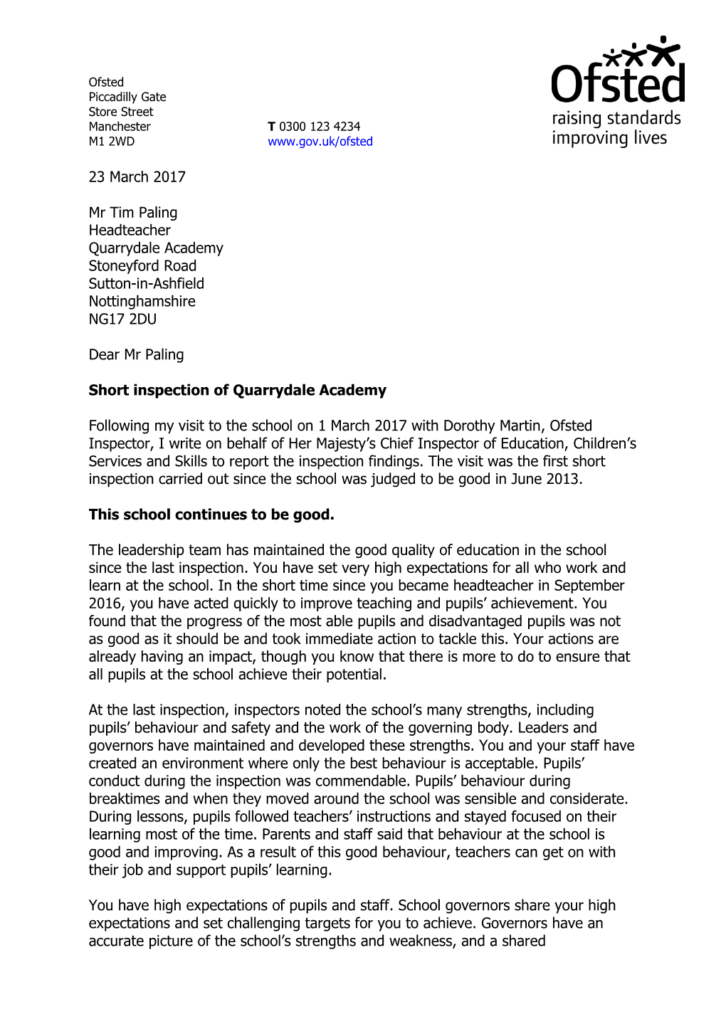 23 March 2017 Mr Tim Paling Headteacher Quarrydale Academy Stoneyford Road Sutton-In-Ashfield Nottinghamshire NG17 2DU Dear Mr P