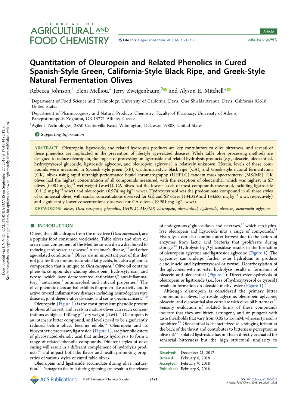 Quantitation of Oleuropein and Related Phenolics in Cured