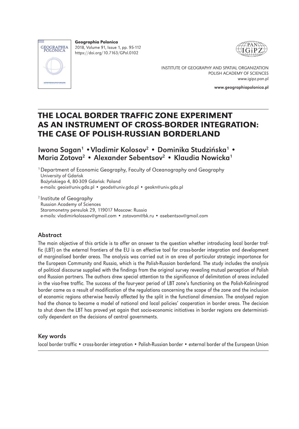 The Local Border Traffic Zone Experiment As an Instrument of Cross-Border Integration: the Case of Polish-Russian Borderland