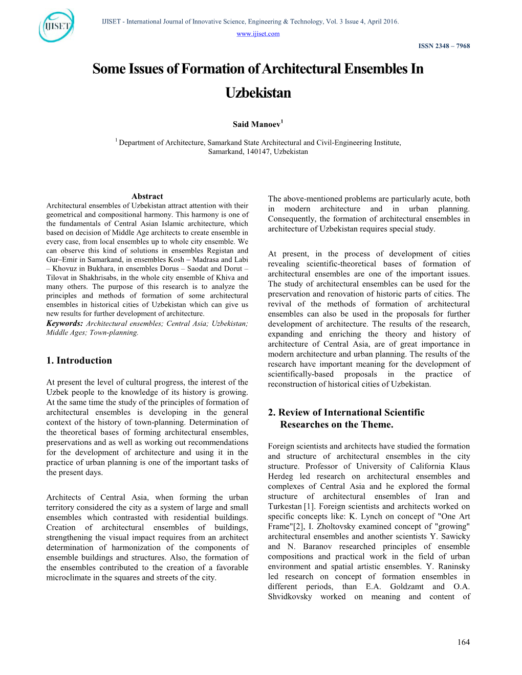 Some Issues of Formation of Architectural Ensembles in Uzbekistan