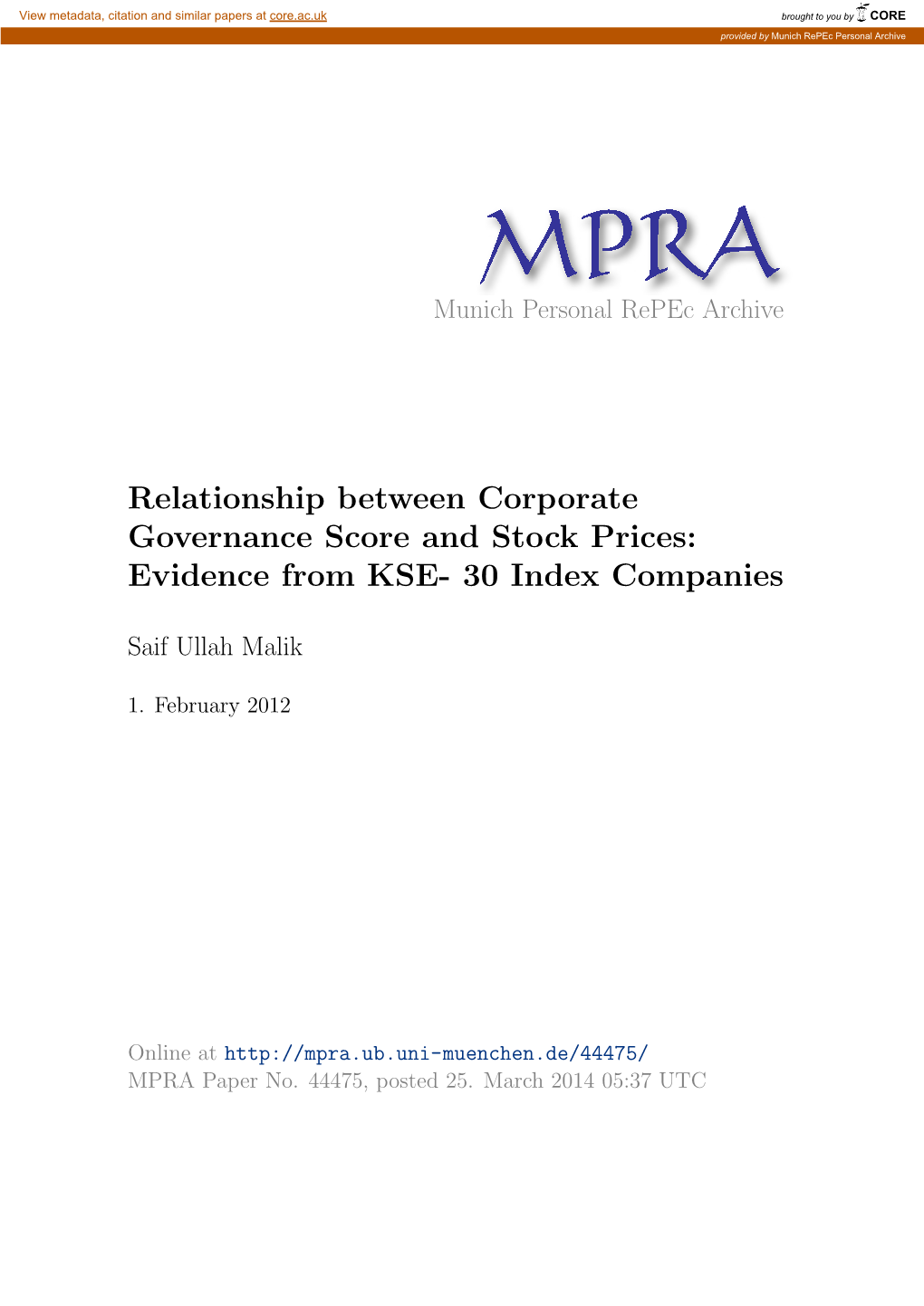 Relationship Between Corporate Governance Score and Stock Prices: Evidence from KSE- 30 Index Companies