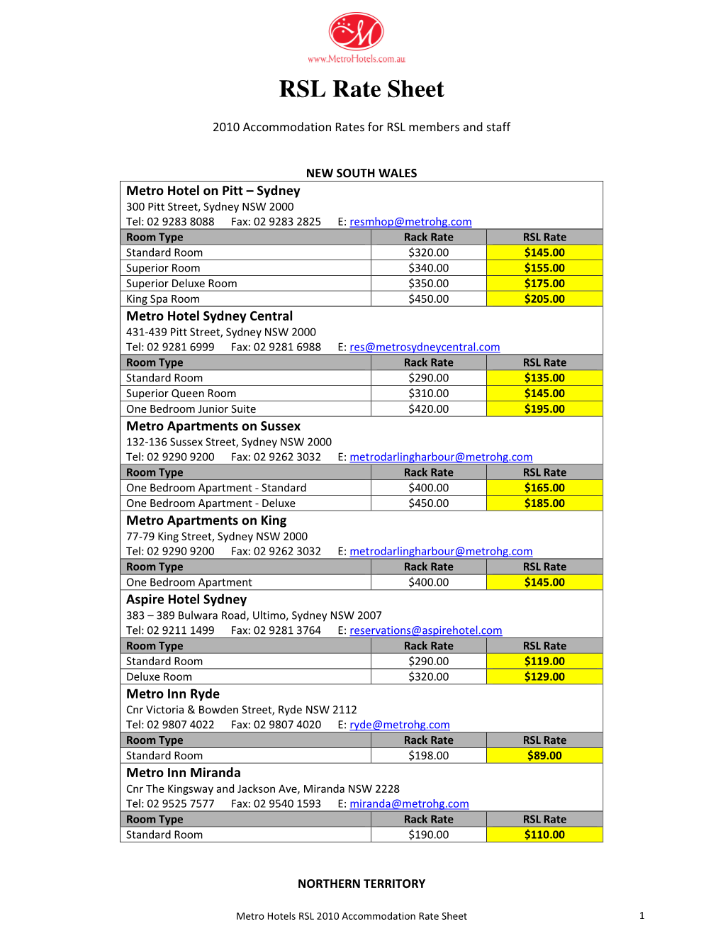 RSL Rate Sheet