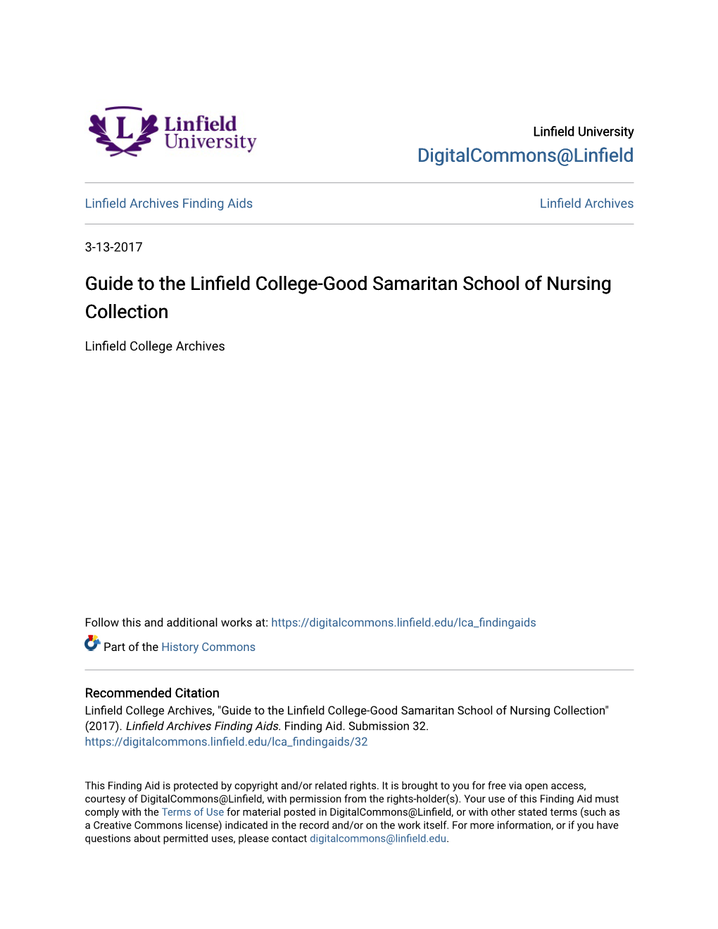 Guide to the Linfield College-Good Samaritan School of Nursing Collection