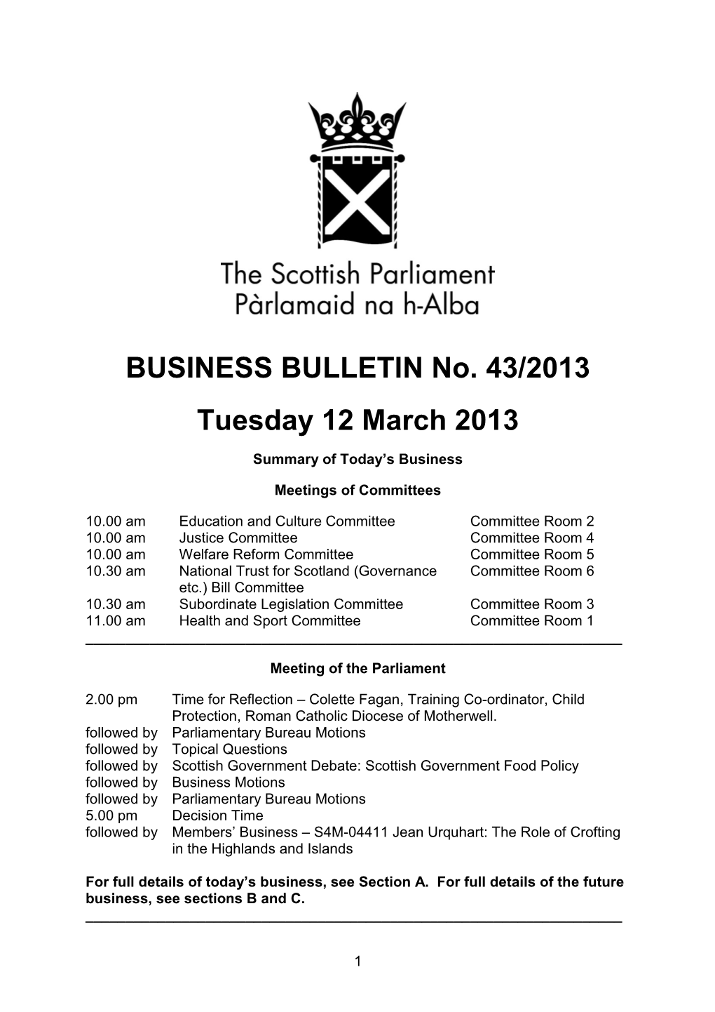 BUSINESS BULLETIN No. 43/2013 Tuesday 12 March 2013