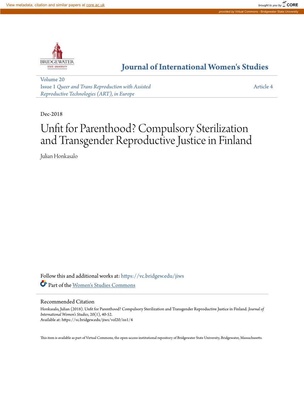 Compulsory Sterilization and Transgender Reproductive Justice in Finland Julian Honkasalo