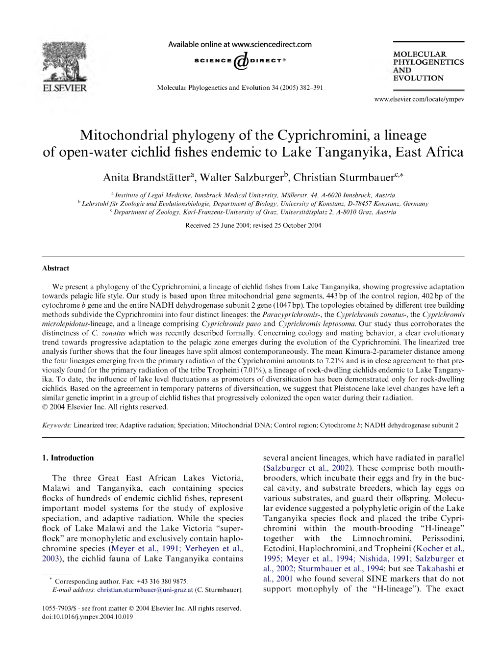 Mitochondrial Phylogeny of the Cyprichromini, a Lineage of Open-Water Cichlid Fishes Endemic to Lake Tanganyika, East Africa
