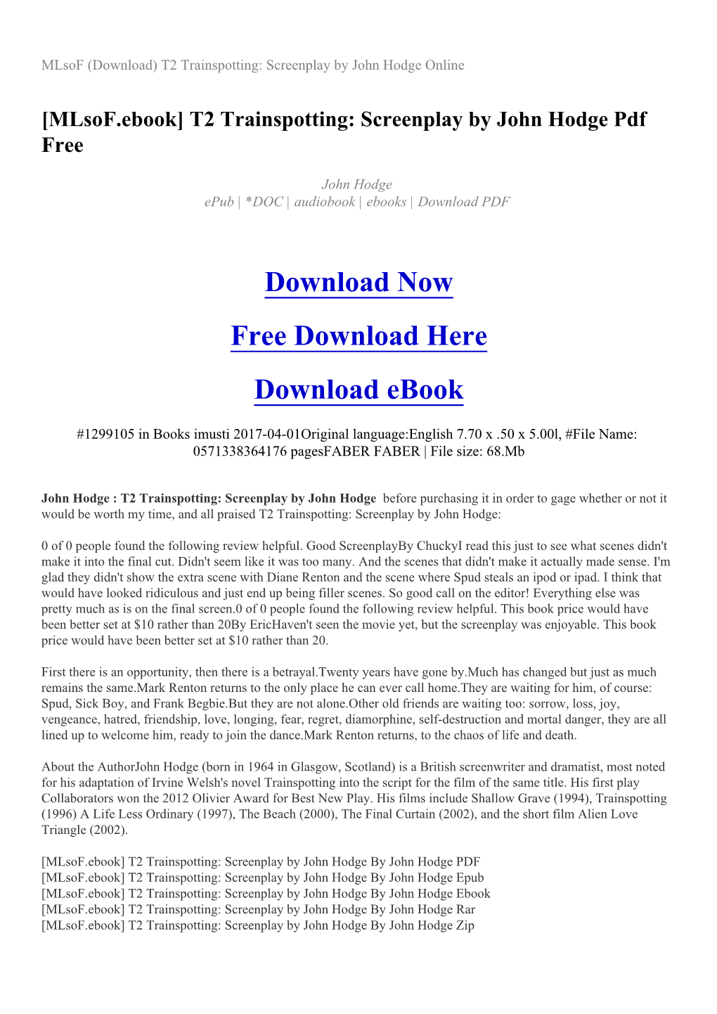 Mlsof (Download) T2 Trainspotting: Screenplay by John Hodge Online