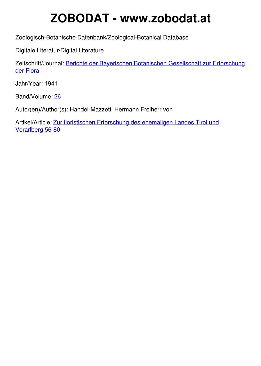 Zur Floristischen Erforschung Des Ehemaligen Landes Tirol Und Vorarlberg. Von Hermann Frhr