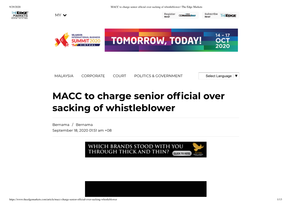 MACC to Charge Senior of Cial Over Sacking of Whistleblower