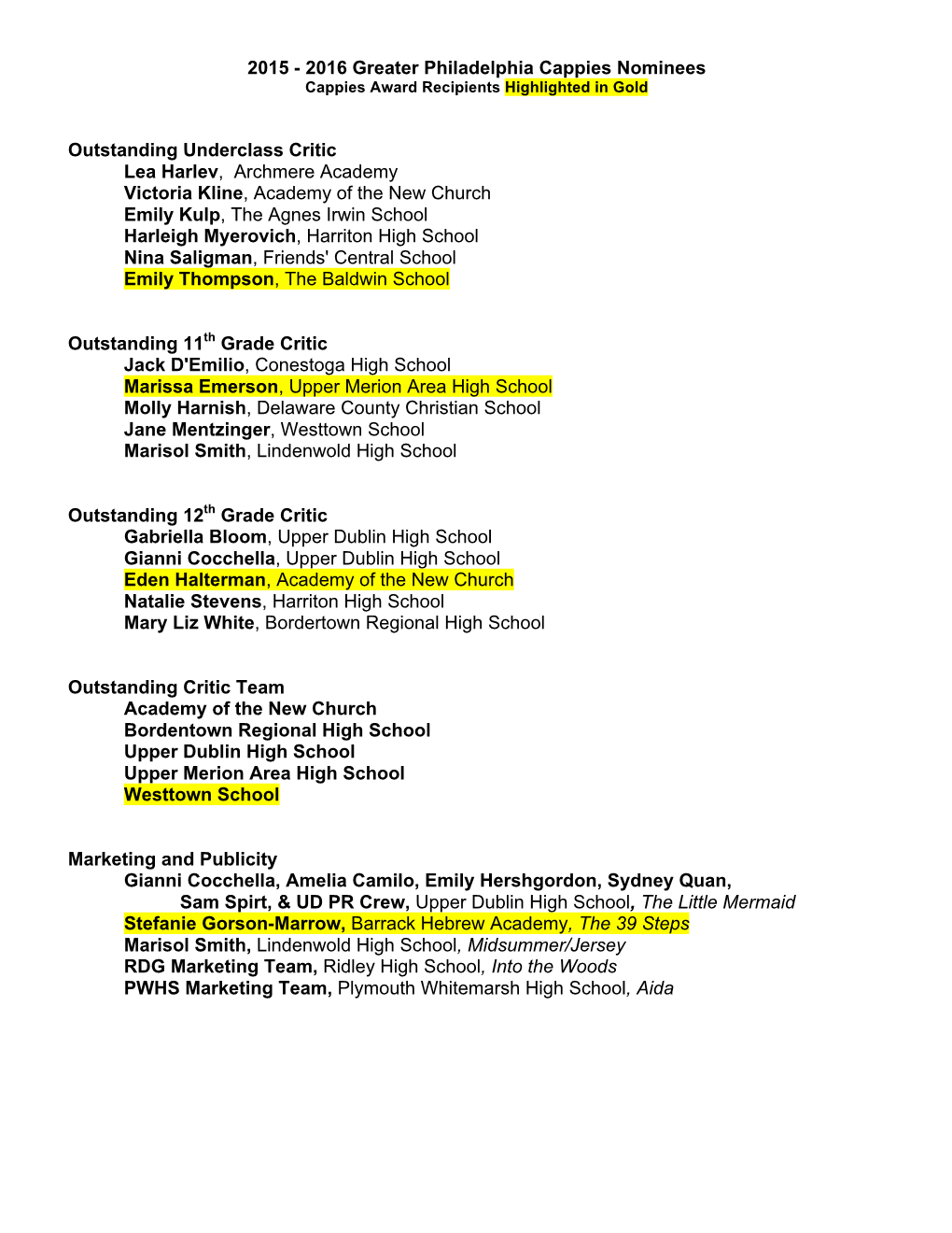 2015 - 2016 Greater Philadelphia Cappies Nominees Cappies Award Recipients Highlighted in Gold