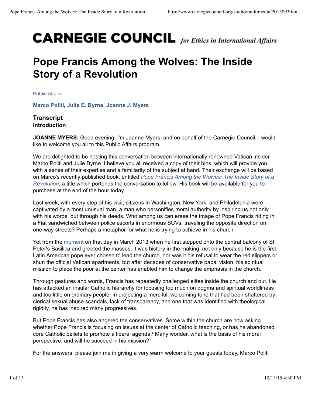 Pope Francis Among the Wolves: the Inside Story of a Revolution