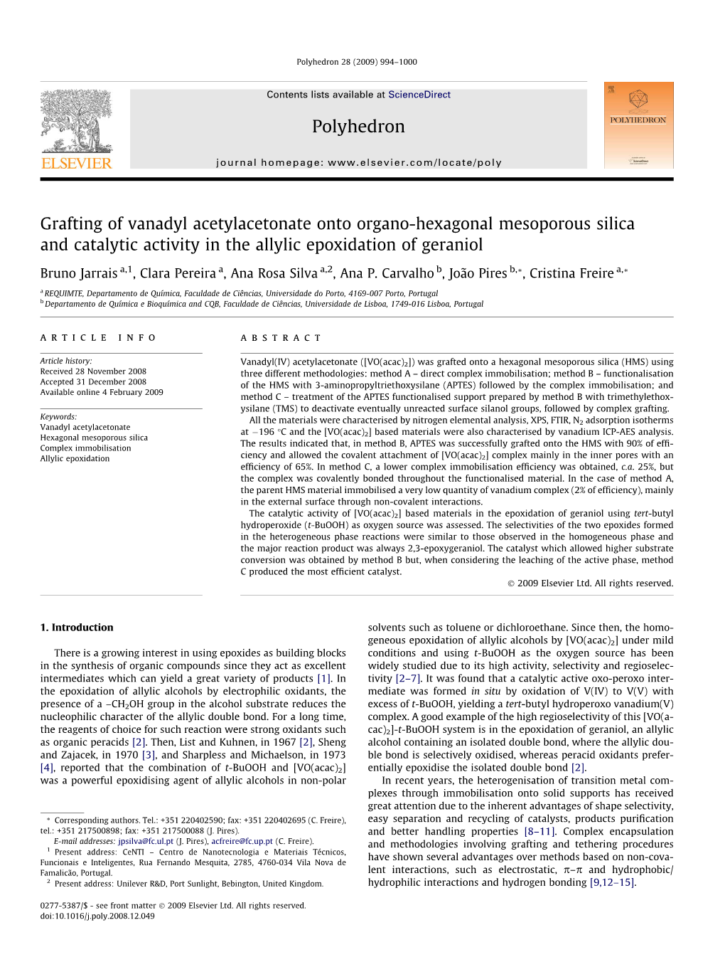 Grafting of Vanadyl Acetylacetonate Onto Organo-Hexagonal Mesoporous Silica and Catalytic Activity in the Allylic Epoxidation of Geraniol