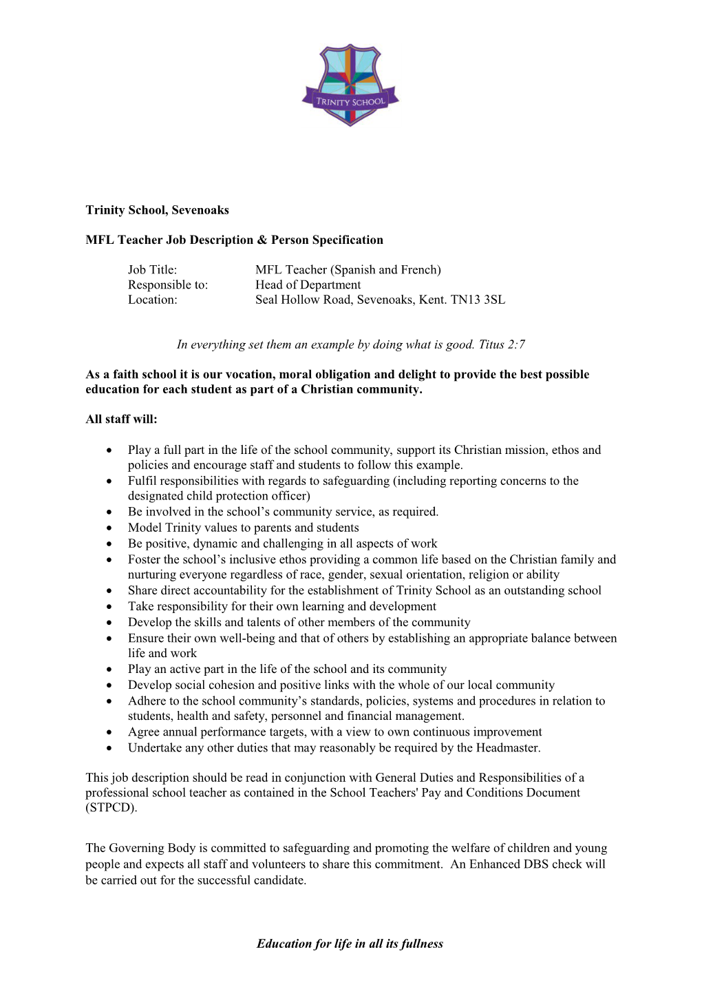 MFL Teacher Job Description Person Specification