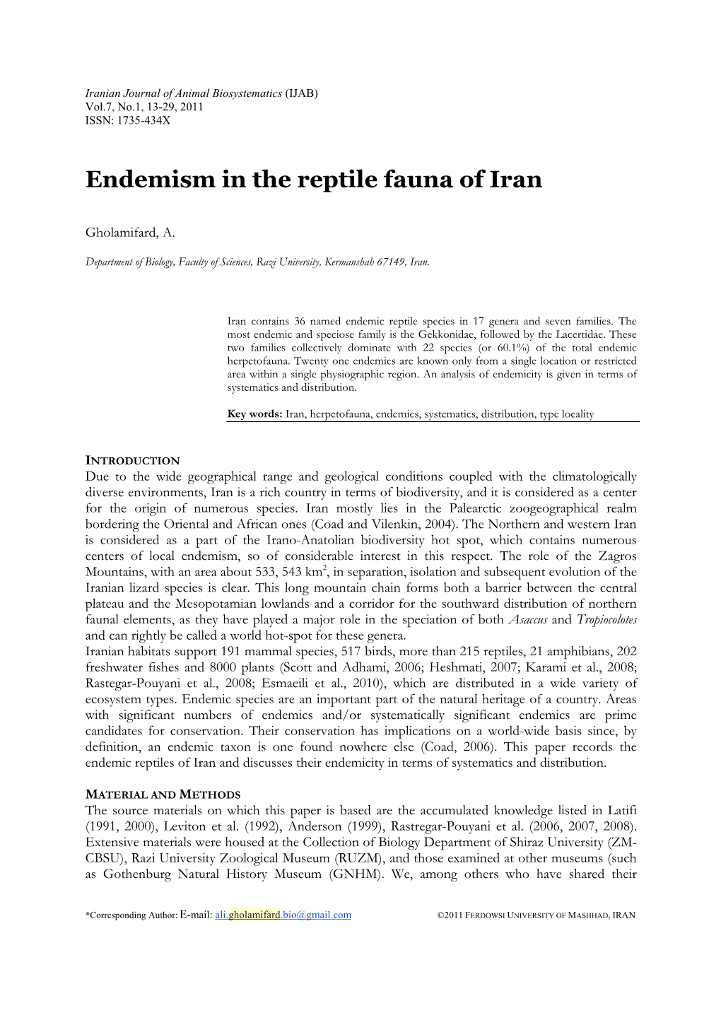 Endemism in the Reptile Fauna of Iran