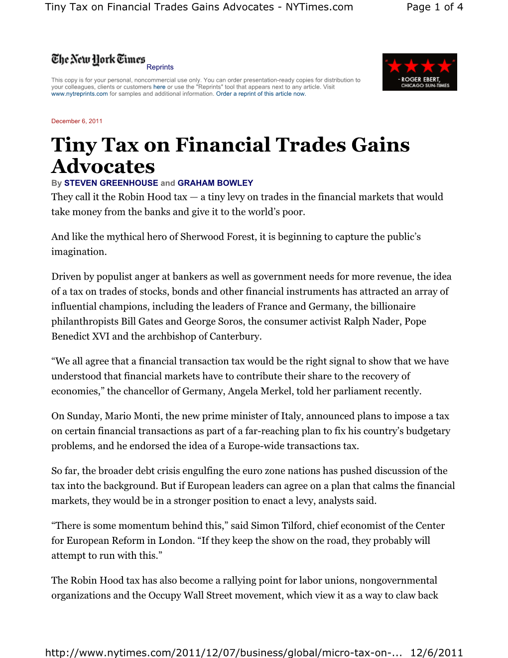 Tiny Tax on Financial Trades Gains Advocates NY Times 6 Dec 2011