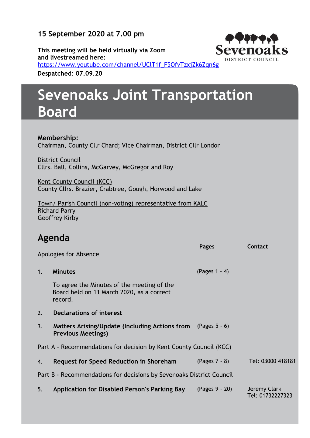 (Public Pack)Agenda Document for Sevenoaks Joint Transportation Board, 15/09/2020 19:00