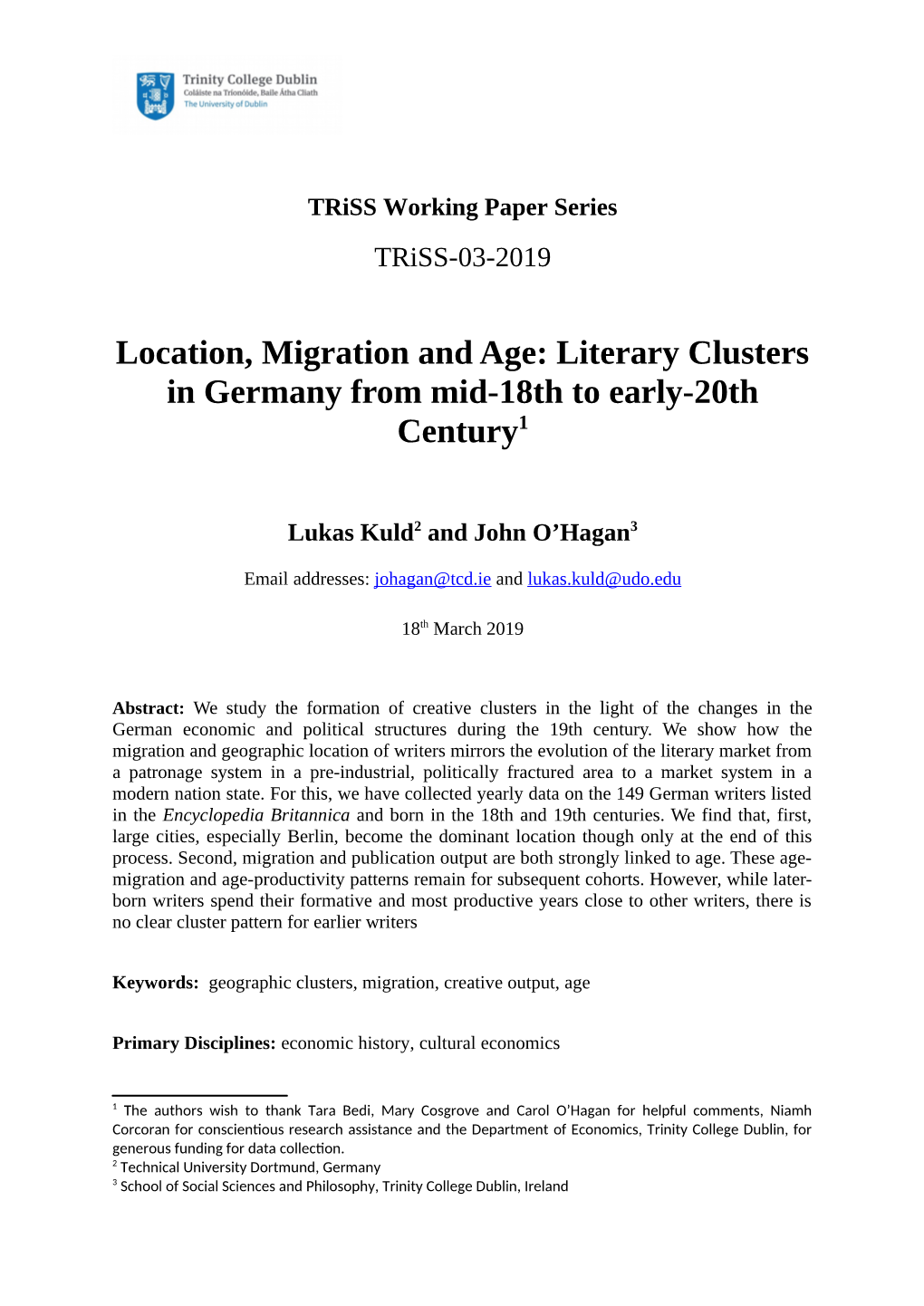 Location, Migration and Age: Literary Clusters in Germany from Mid-18Th to Early-20Th Century1