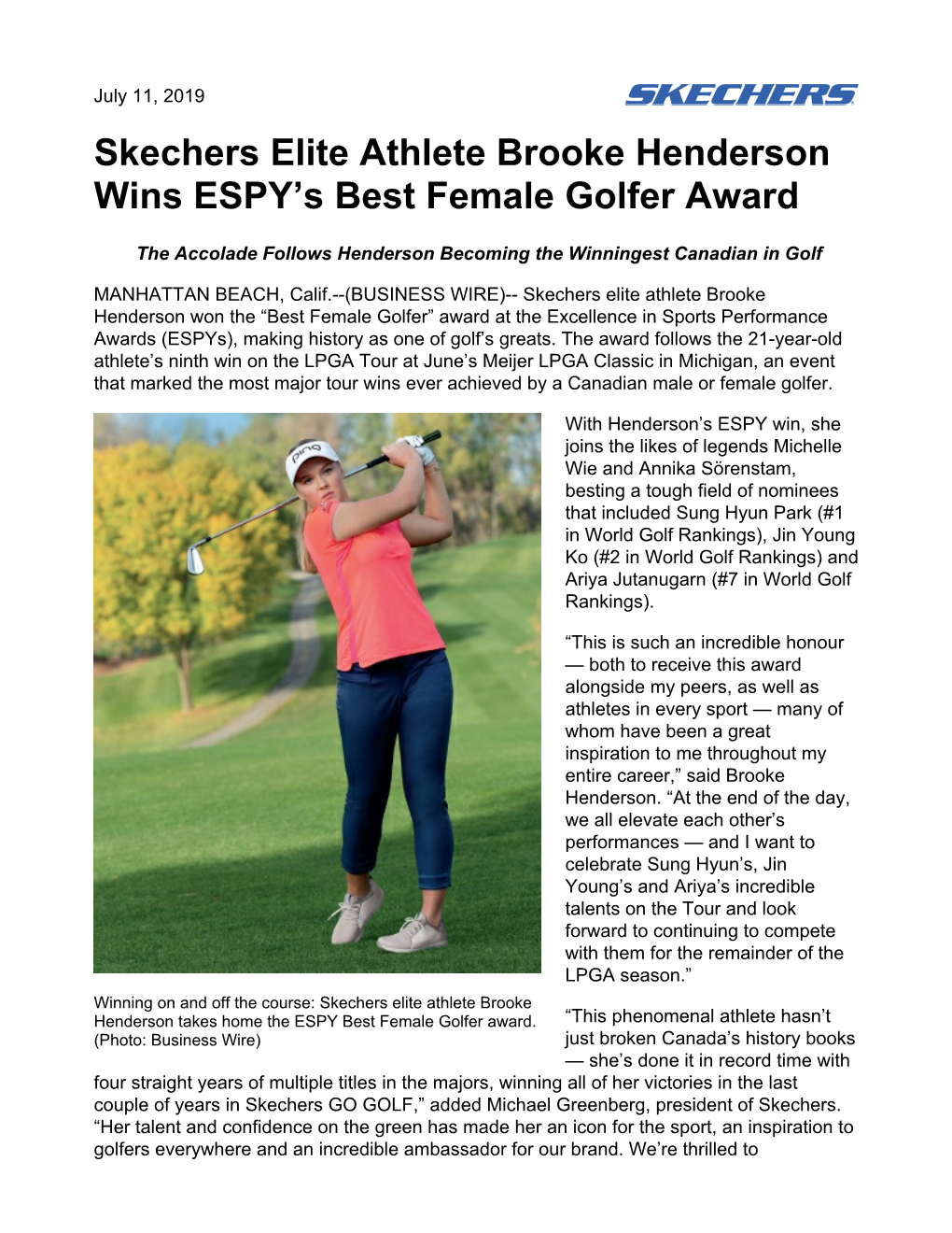 Skechers Elite Athlete Brooke Henderson Wins ESPY’S Best Female Golfer Award