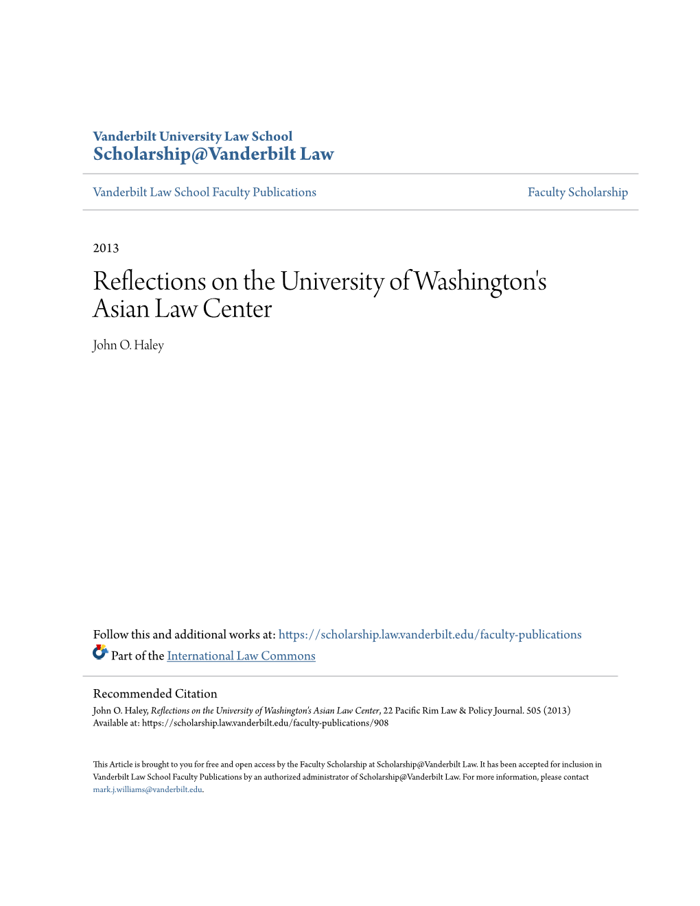 Reflections on the University of Washington's Asian Law Center John O