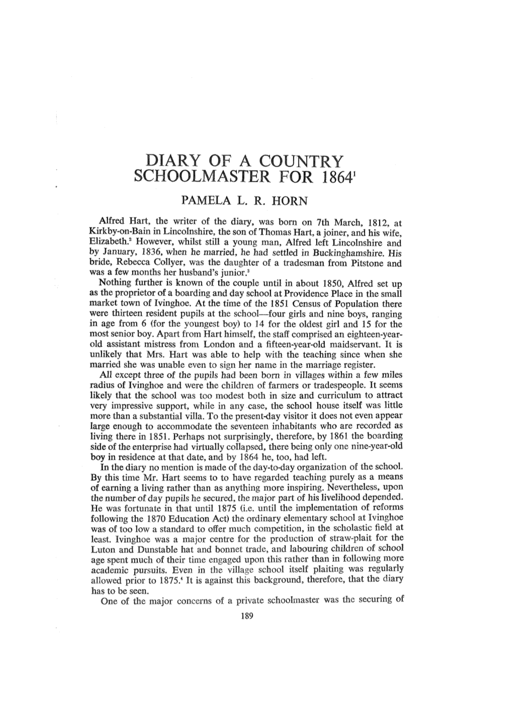 Diary of a Country Schoolmaster for 1864. Pamela L.R.Horn