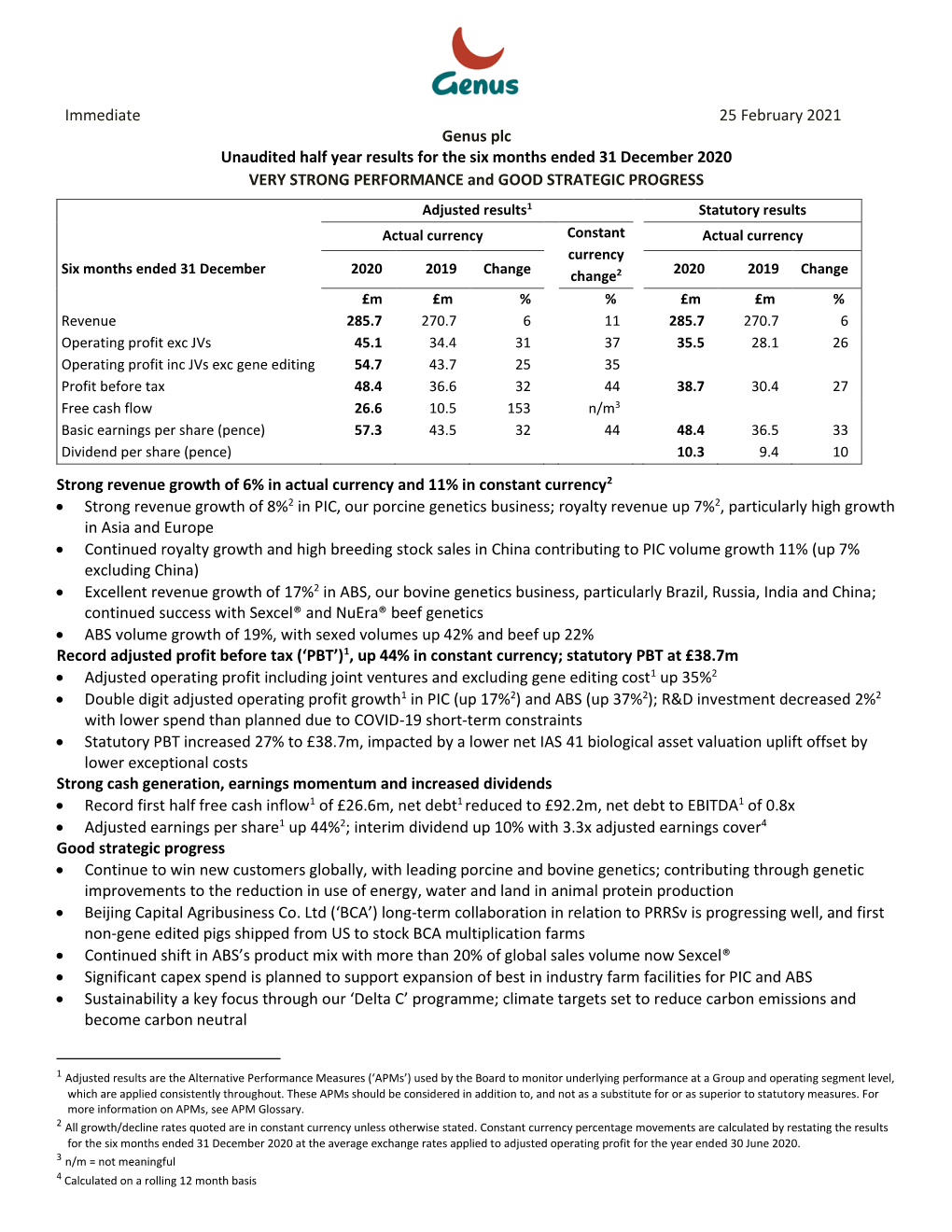 Immediate 25 February 2021 Genus Plc Unaudited Half Year Results for the Six Months Ended 31 December 2020