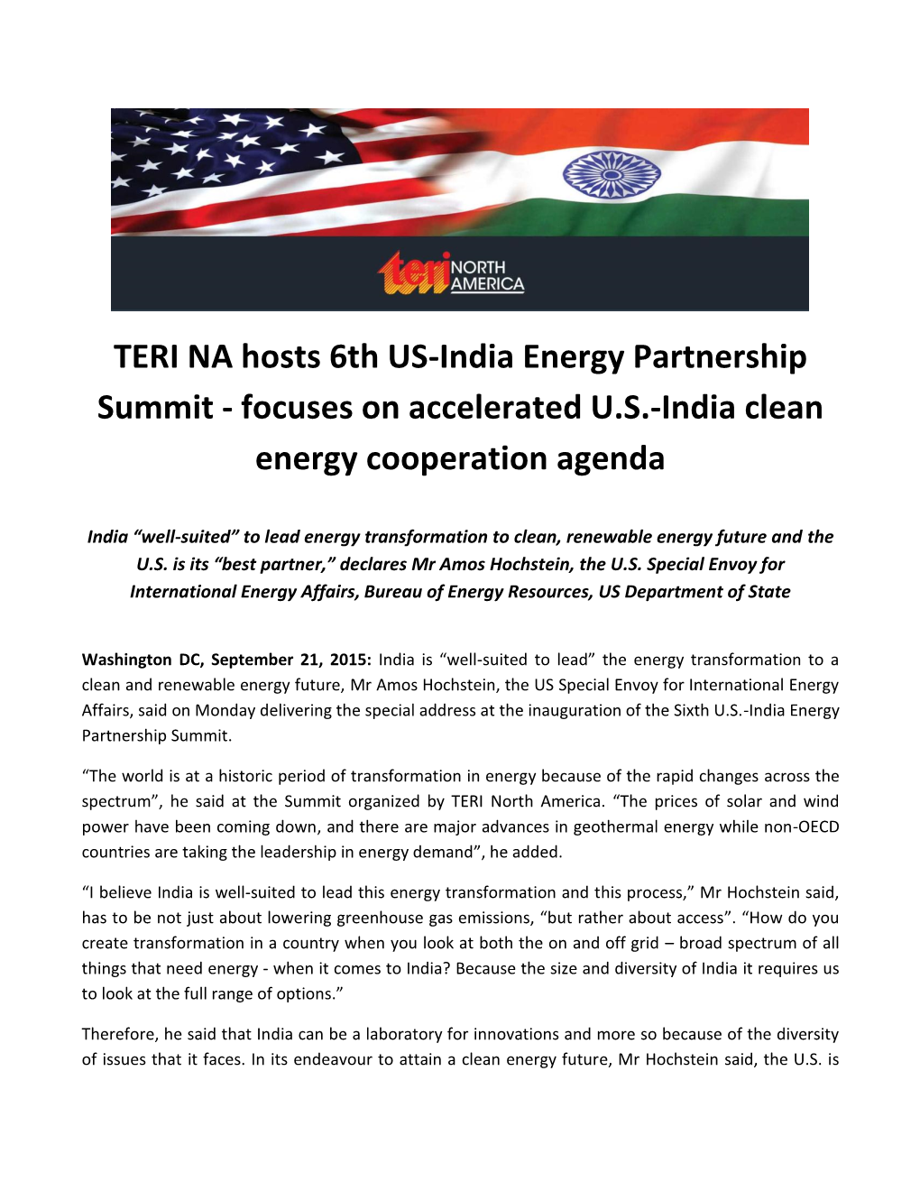 TERI NA Hosts 6Th US-India Energy Partnership Summit - Focuses on Accelerated U.S.-India Clean