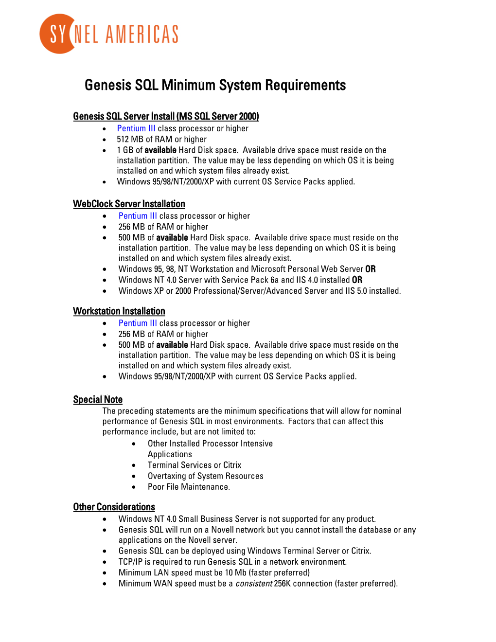 Genesis SQL Minimum System Requirements