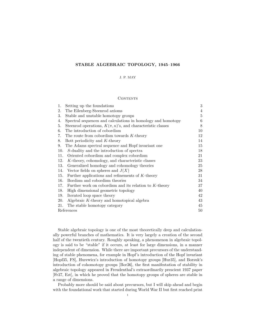 Stable Algebraic Topology, 1945–1966