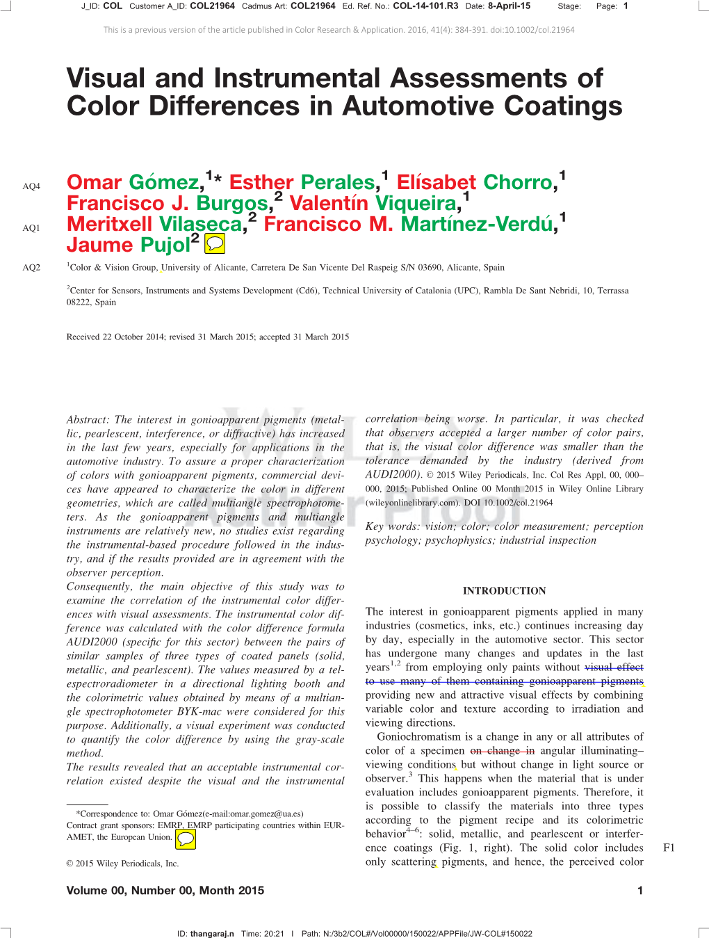 Visual and Instrumental Assessments of Color Differences in Automotive Coatings