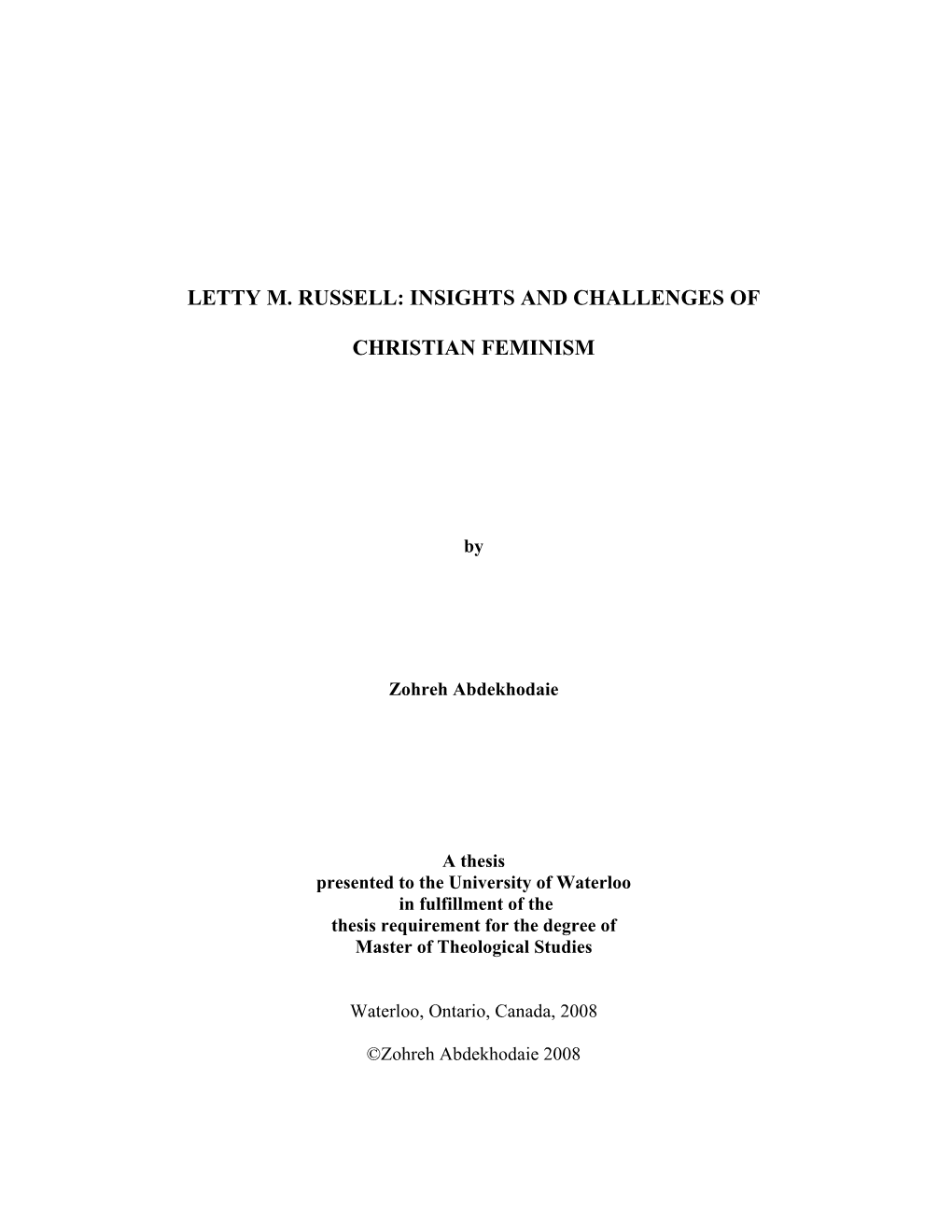 Letty M. Russell: Insights and Challenges of Christian