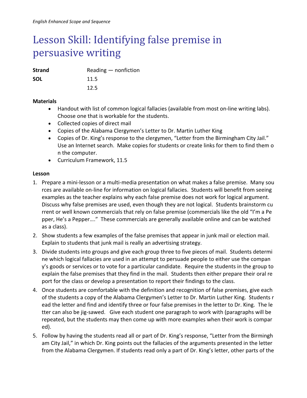 Lesson Skill: Identifying False Premise in Persuasive Writing