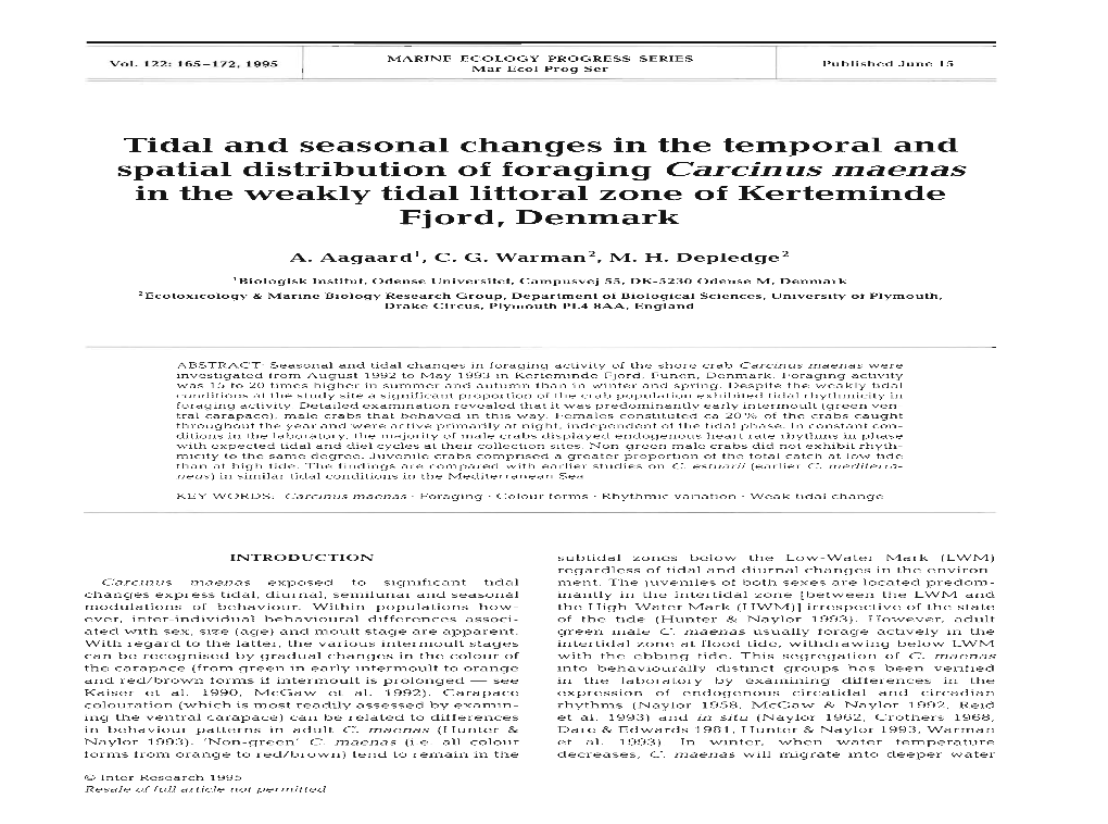 Tidal and Seasonal Changes in the Temporal and Spatial Distribution of Foraging Carcinus Maenas in the Weakly Tidal Littoral Zone of Kerteminde Fjord, Denmark