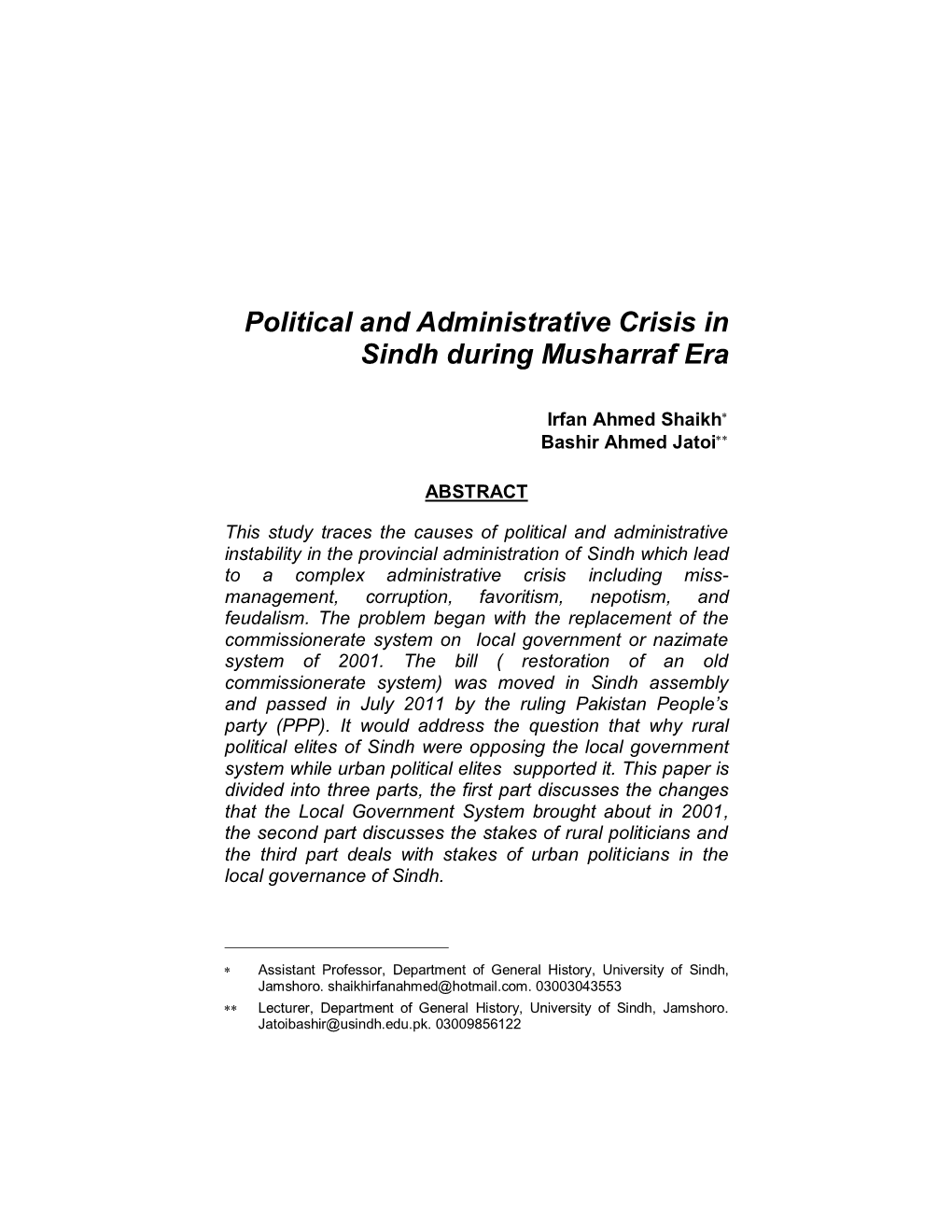 Political and Administrative Crisis in Sindh During Musharraf Era