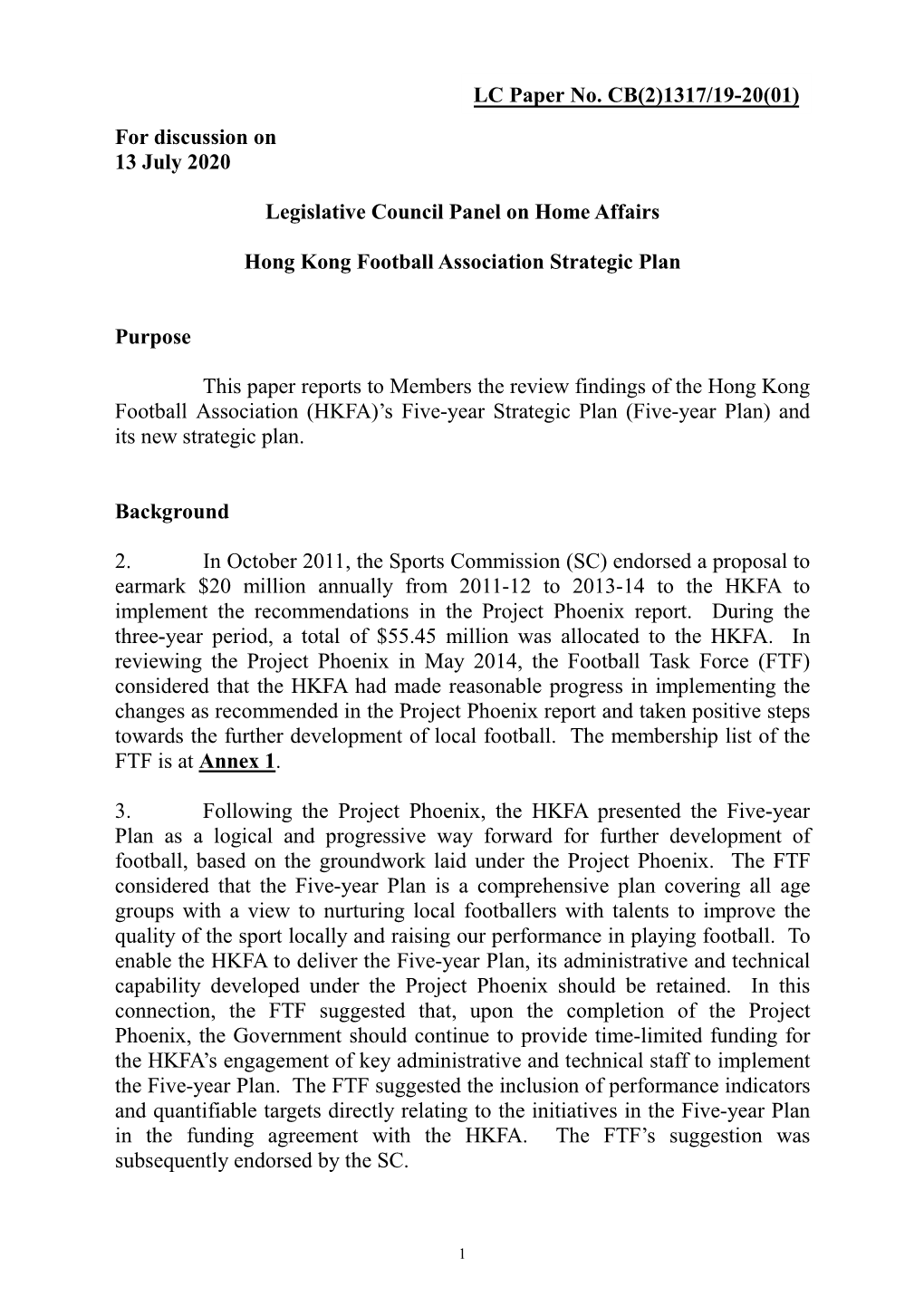 Administration's Paper on Hong Kong Football Association Strategic Plan