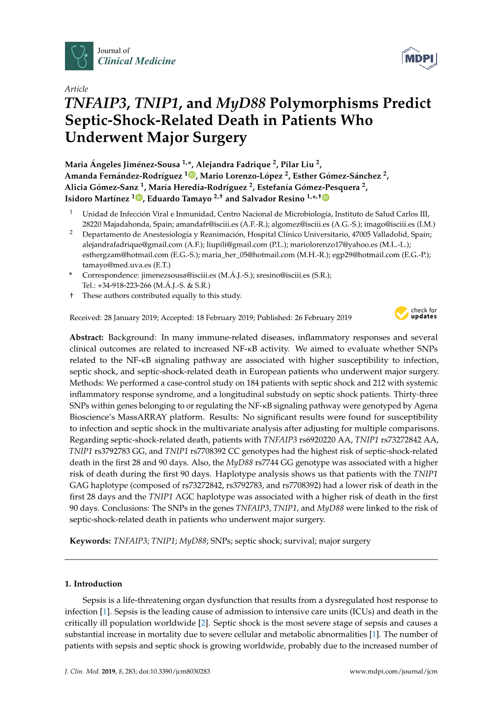 TNFAIP3, TNIP1, and Myd88 Polymorphisms Predict Septic-Shock-Related Death in Patients Who Underwent Major Surgery