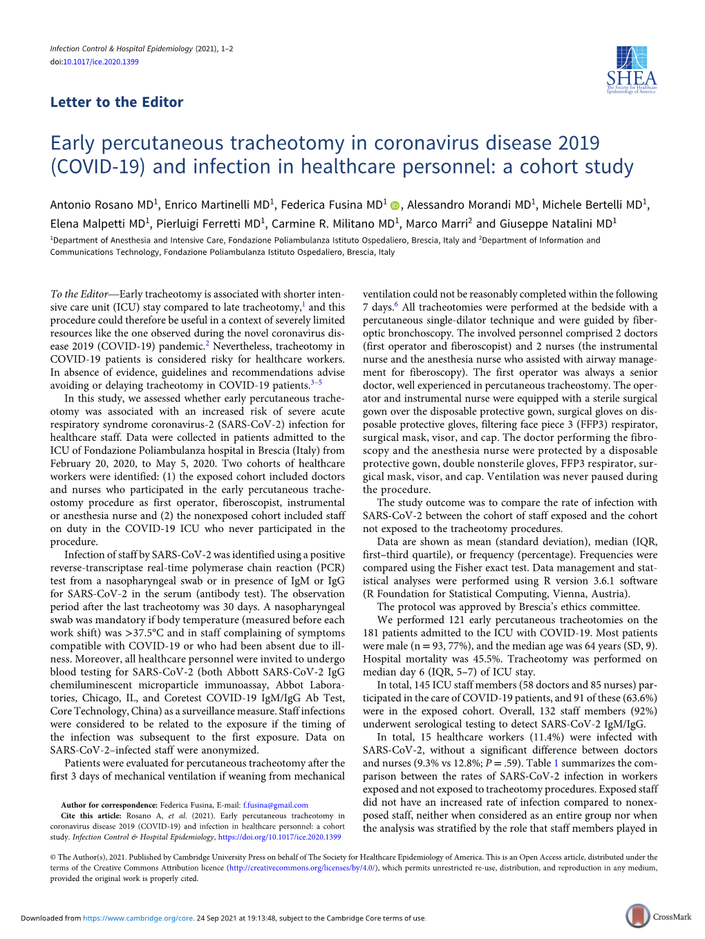 Early Percutaneous Tracheotomy in Coronavirus Disease 2019 (COVID-19) and Infection in Healthcare Personnel: a Cohort Study